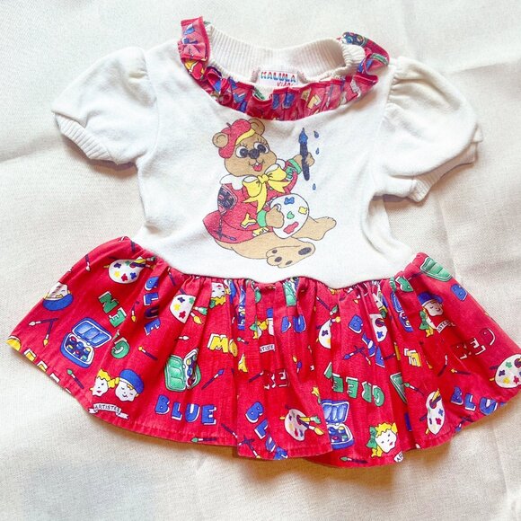 Vintage 80s Baby Dress Bear Art USA made Size 12 months - Picture 1 of 3